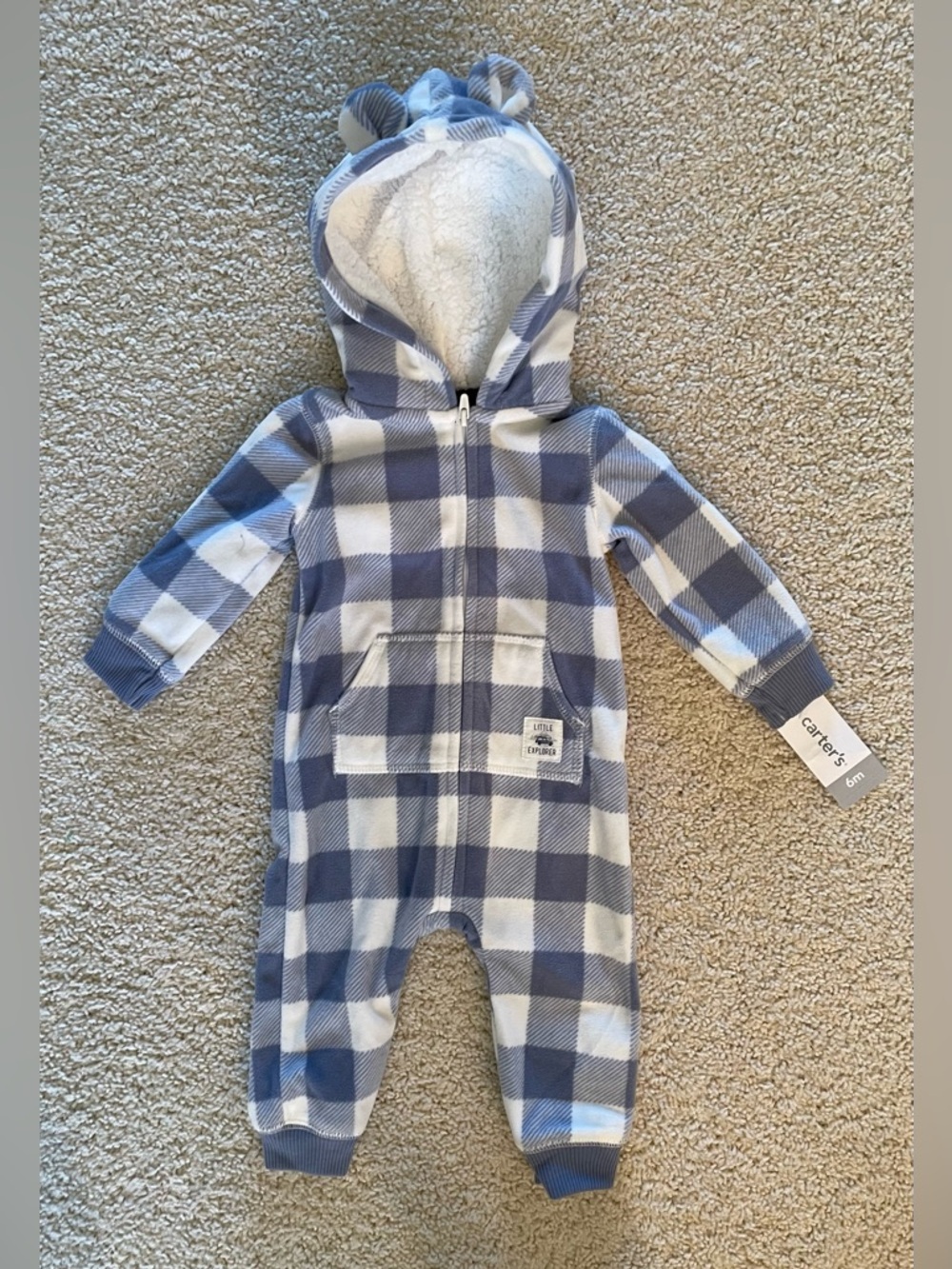 NWT Carter's Blue and White Plaid Fleece Hooded One-Piece Size 6 Mo